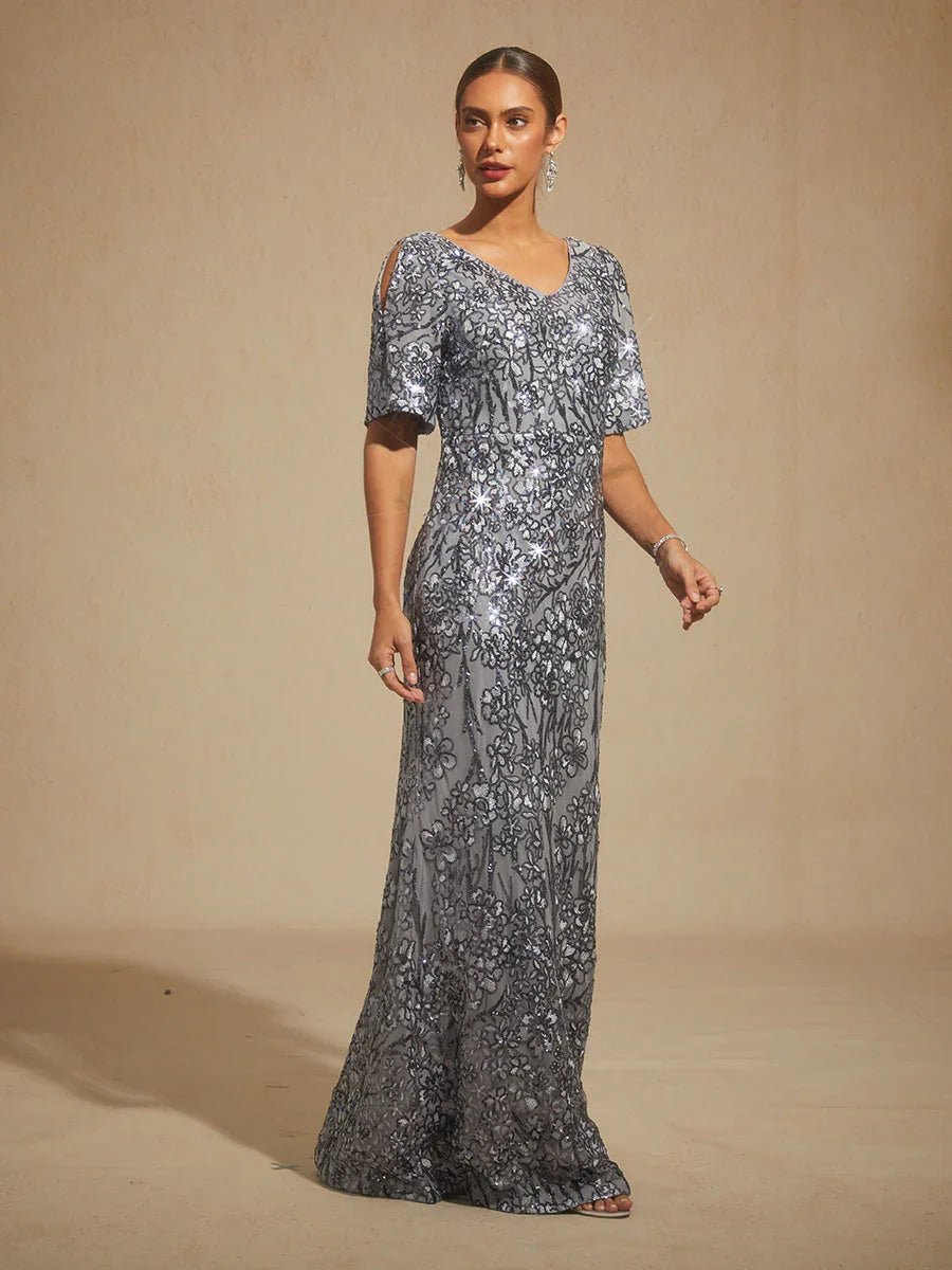 Vestido de noche con escote en V, hombros descubiertos y bordado de lentejuelas - Nhaura