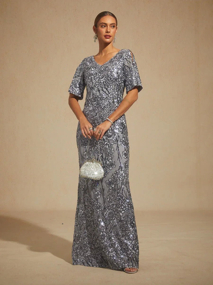 Vestido de noche con escote en V, hombros descubiertos y bordado de lentejuelas - Nhaura