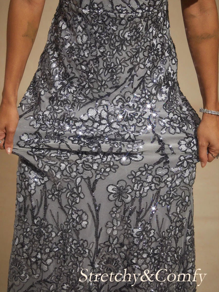 Vestido de noche con escote en V, hombros descubiertos y bordado de lentejuelas - Nhaura