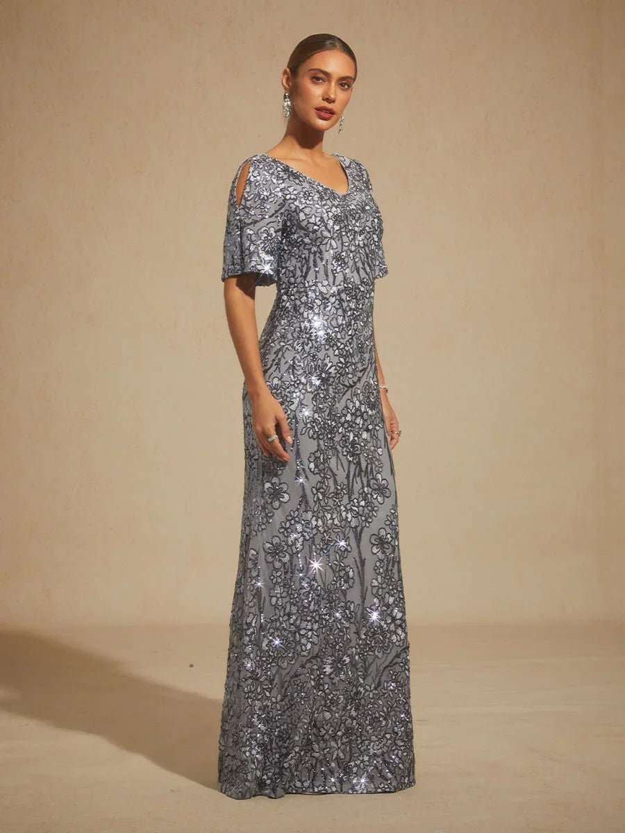 Vestido de noche con escote en V, hombros descubiertos y bordado de lentejuelas - Nhaura