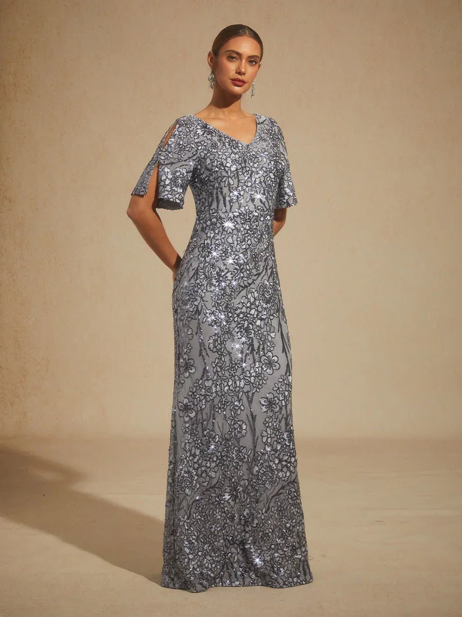 Vestido de noche con escote en V, hombros descubiertos y bordado de lentejuelas - Nhaura