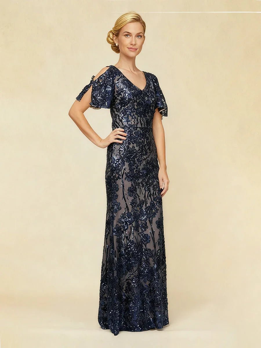 Vestido de noche con escote en V, hombros descubiertos y bordado de lentejuelas - Nhaura