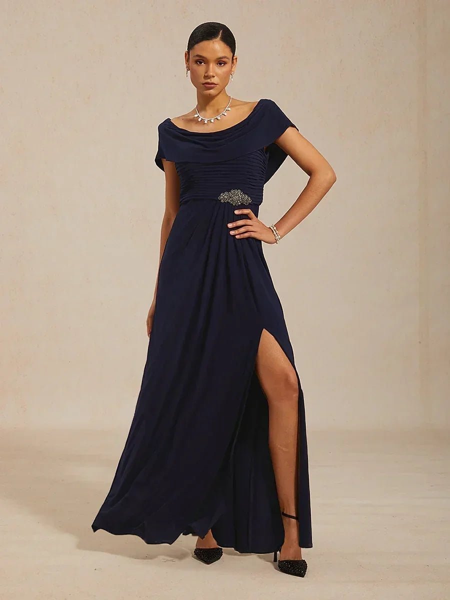Vestido de noche de punto jersey con cuello drapeado y cuerpo plisado - Nhaura