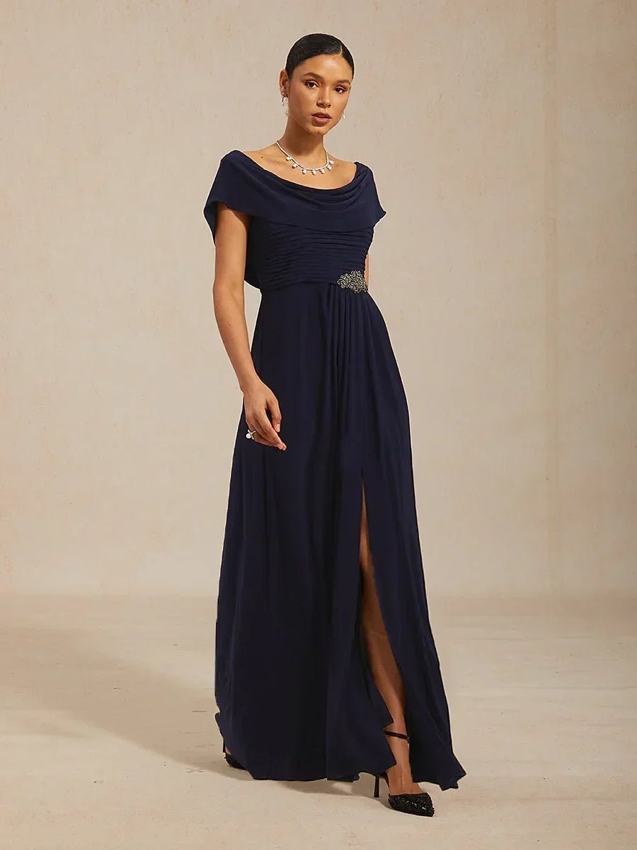 Vestido de noche de punto jersey con cuello drapeado y cuerpo plisado - Nhaura