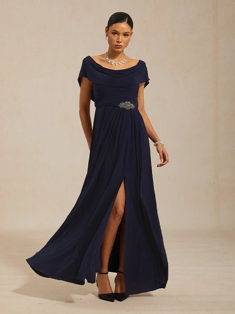 Vestido de noche de punto jersey con cuello drapeado y cuerpo plisado - Nhaura