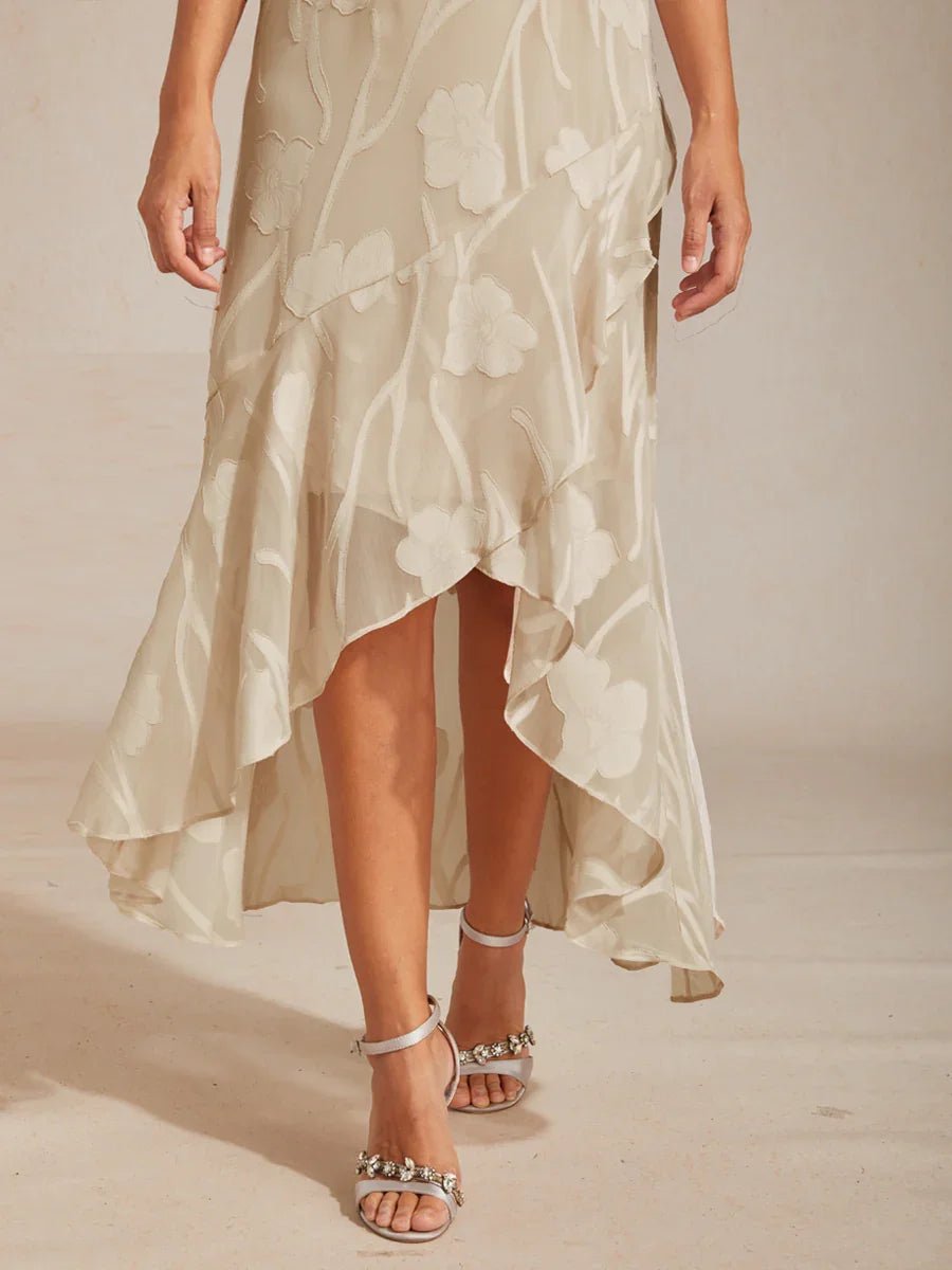 Vestido de noche sin mangas de gasa floral con bajo asimétrico - Nhaura