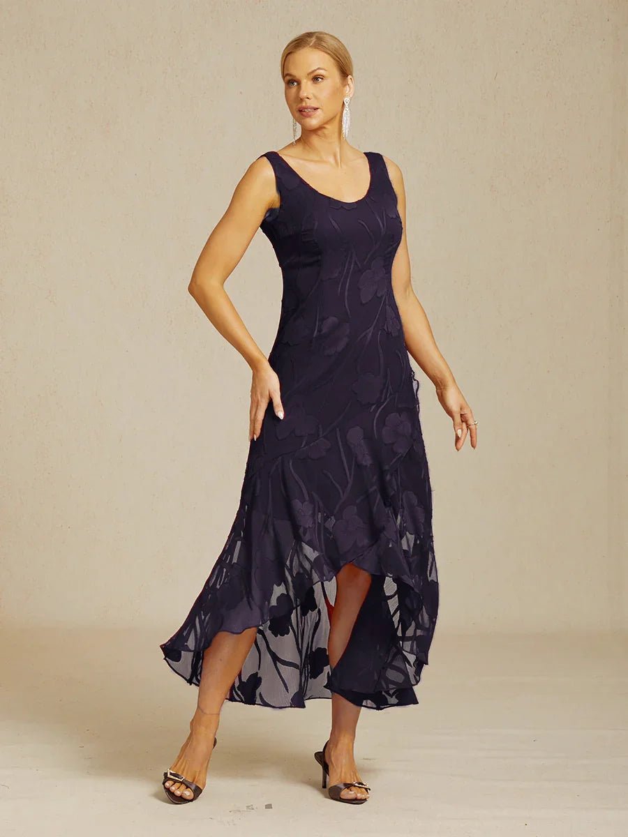 Vestido de noche sin mangas de gasa floral con bajo asimétrico - Nhaura