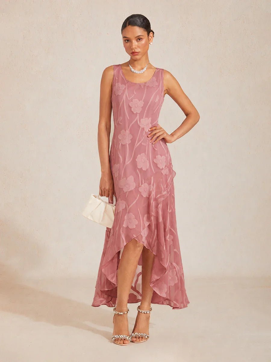 Vestido de noche sin mangas de gasa floral con bajo asimétrico - Nhaura