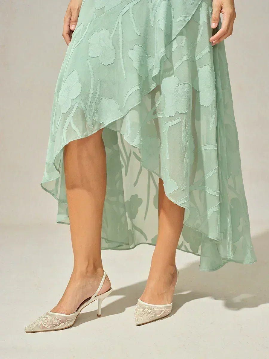 Vestido de noche sin mangas de gasa floral con bajo asimétrico - Nhaura