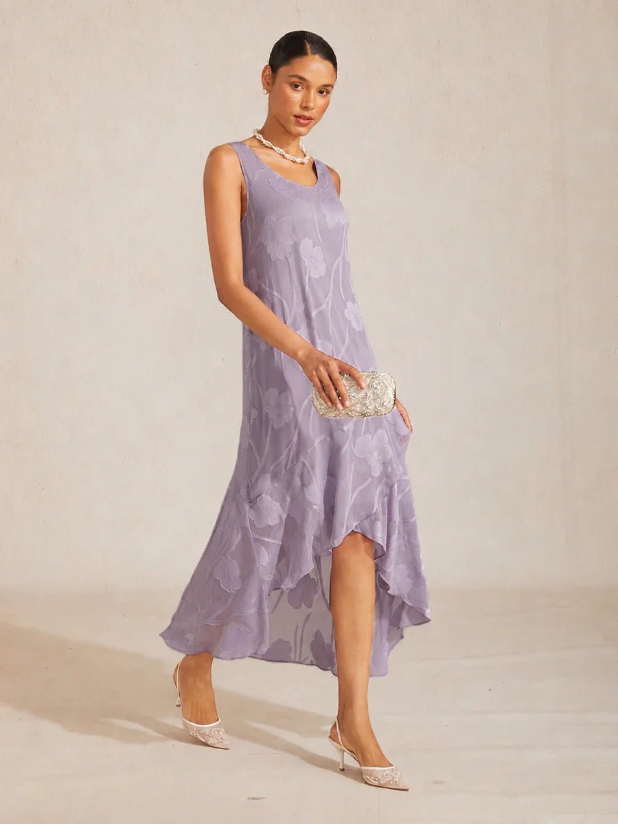 Vestido de noche sin mangas de gasa floral con bajo asimétrico - Nhaura