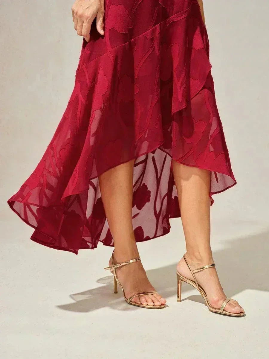 Vestido de noche sin mangas de gasa floral con bajo asimétrico - Nhaura