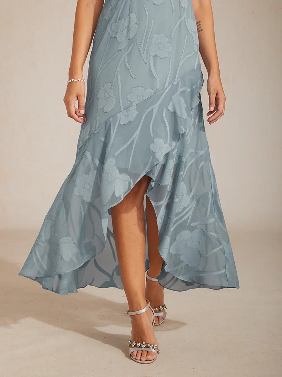 Vestido de noche sin mangas de gasa floral con bajo asimétrico - Nhaura
