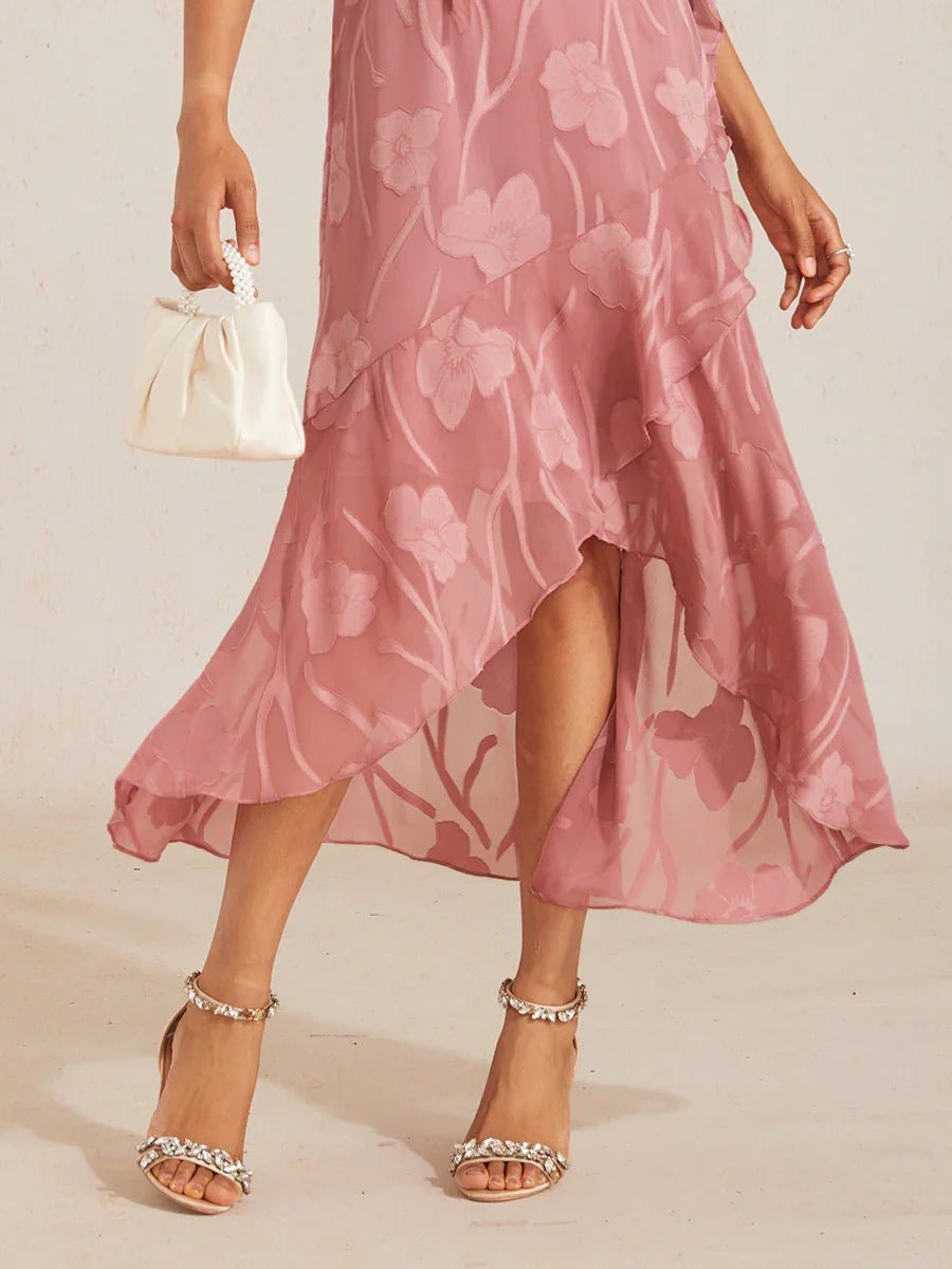 Vestido de noche sin mangas de gasa floral con bajo asimétrico - Nhaura