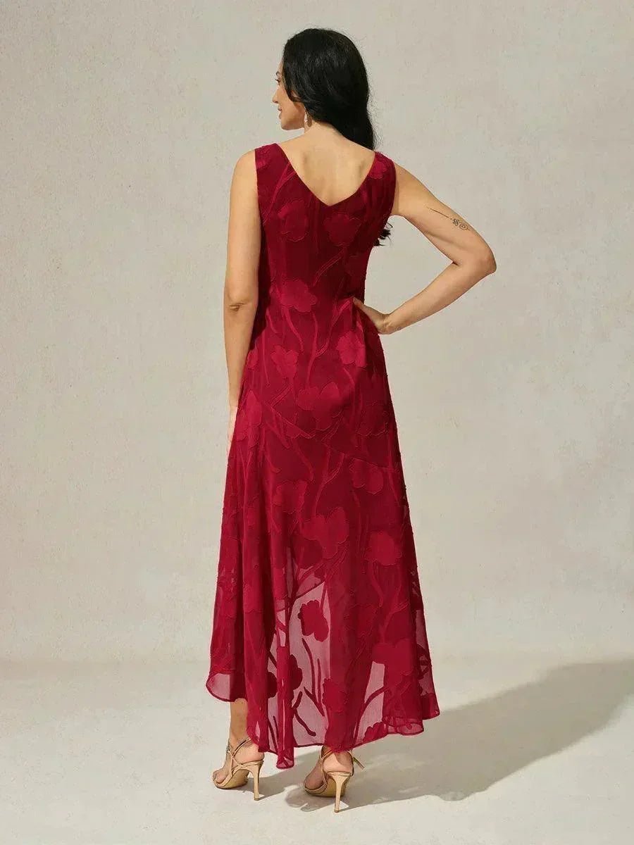 Vestido de noche sin mangas de gasa floral con bajo asimétrico - Nhaura