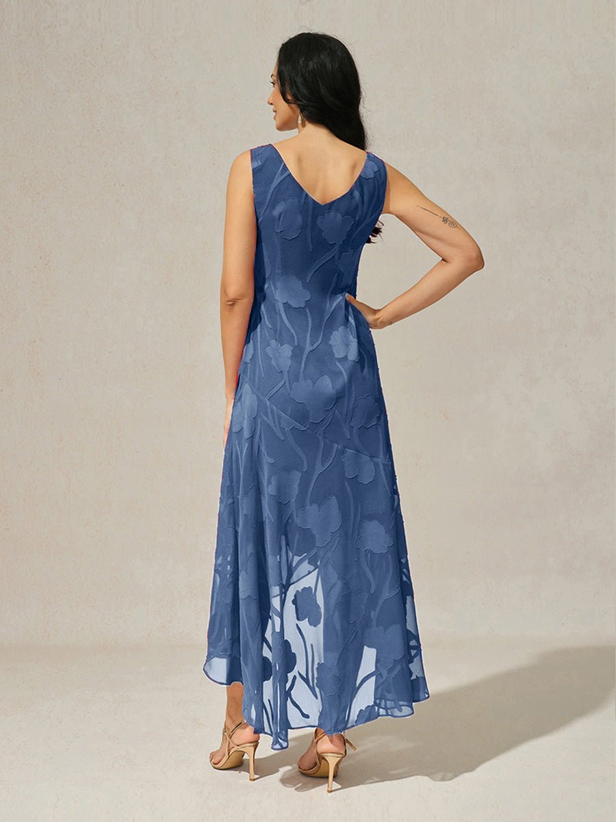 Vestido de noche sin mangas de gasa floral con bajo asimétrico - Nhaura