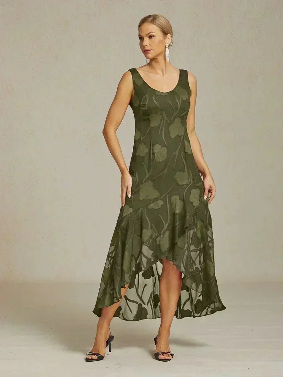 Vestido de noche sin mangas de gasa floral con bajo asimétrico - Nhaura