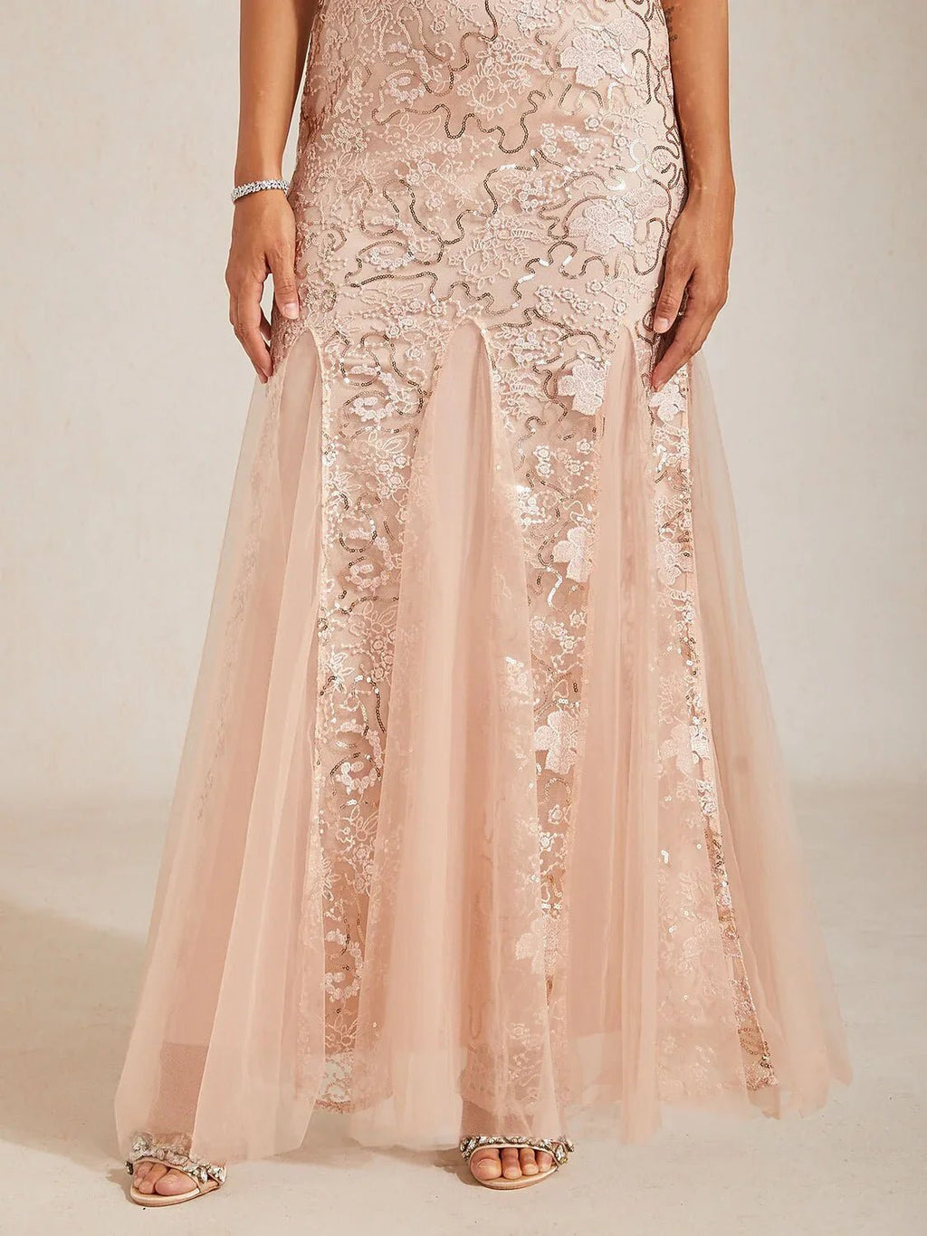 Vestido de noche sirena de tul con lentejuelas y chal semitransparente - Nhaura