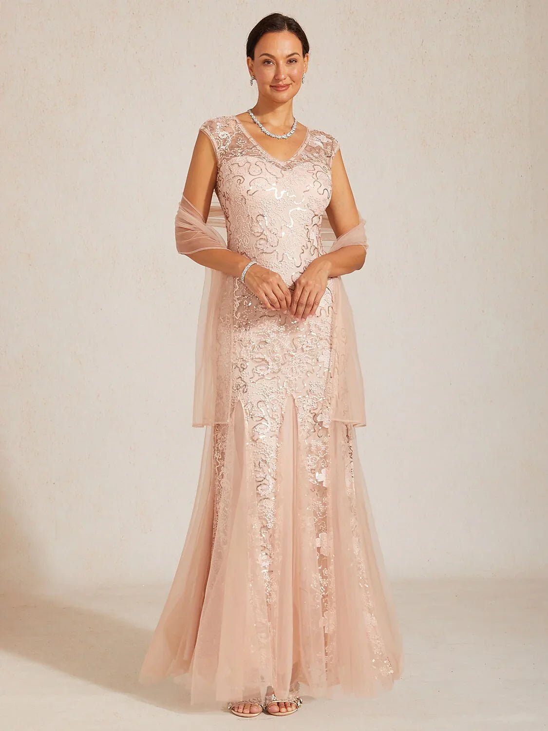 Vestido de noche sirena de tul con lentejuelas y chal semitransparente - Nhaura