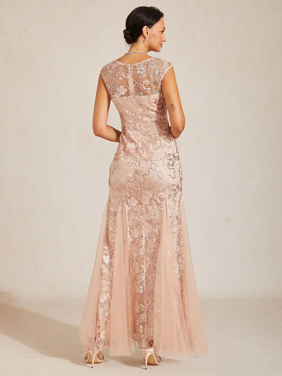 Vestido de noche sirena de tul con lentejuelas y chal semitransparente - Nhaura
