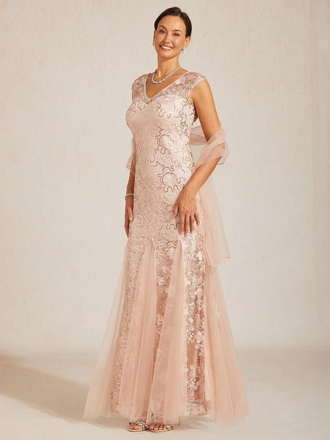 Vestido de noche sirena de tul con lentejuelas y chal semitransparente - Nhaura