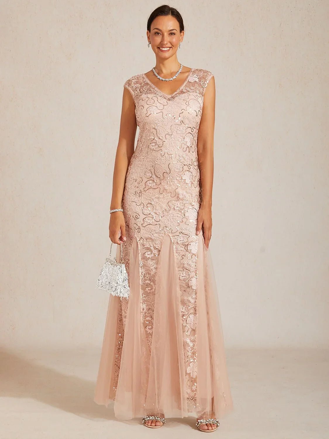 Vestido de noche sirena de tul con lentejuelas y chal semitransparente - Nhaura