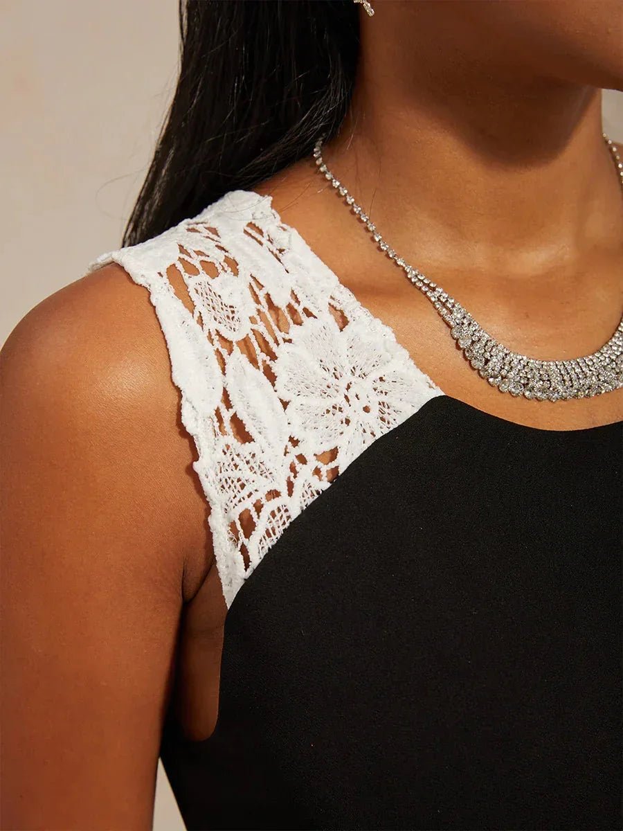 Vestido de satén mate sin mangas con detalle de encaje - Nhaura