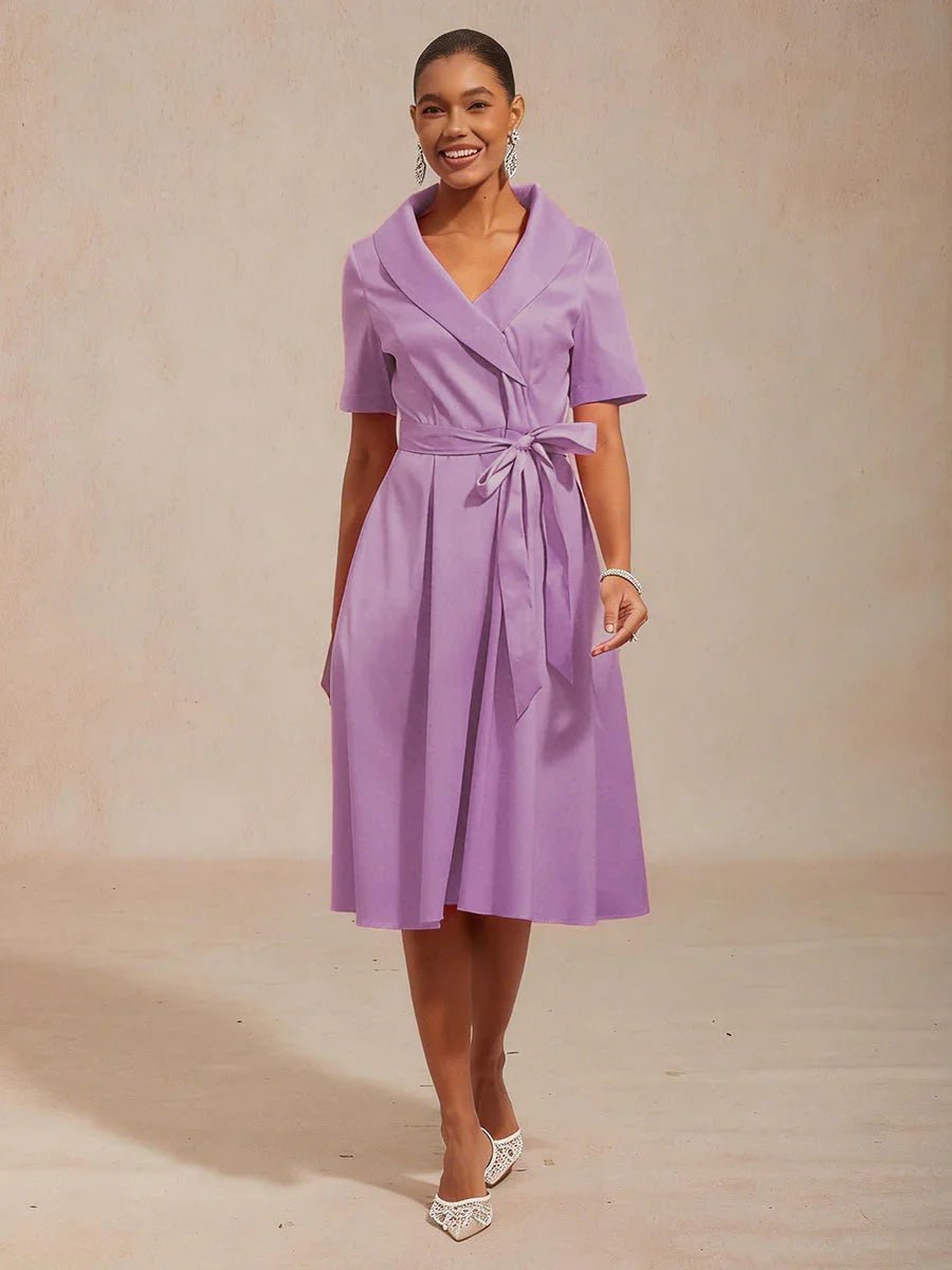Vestido de tafetán elástico con cuello y cinturón para anudar - Nhaura