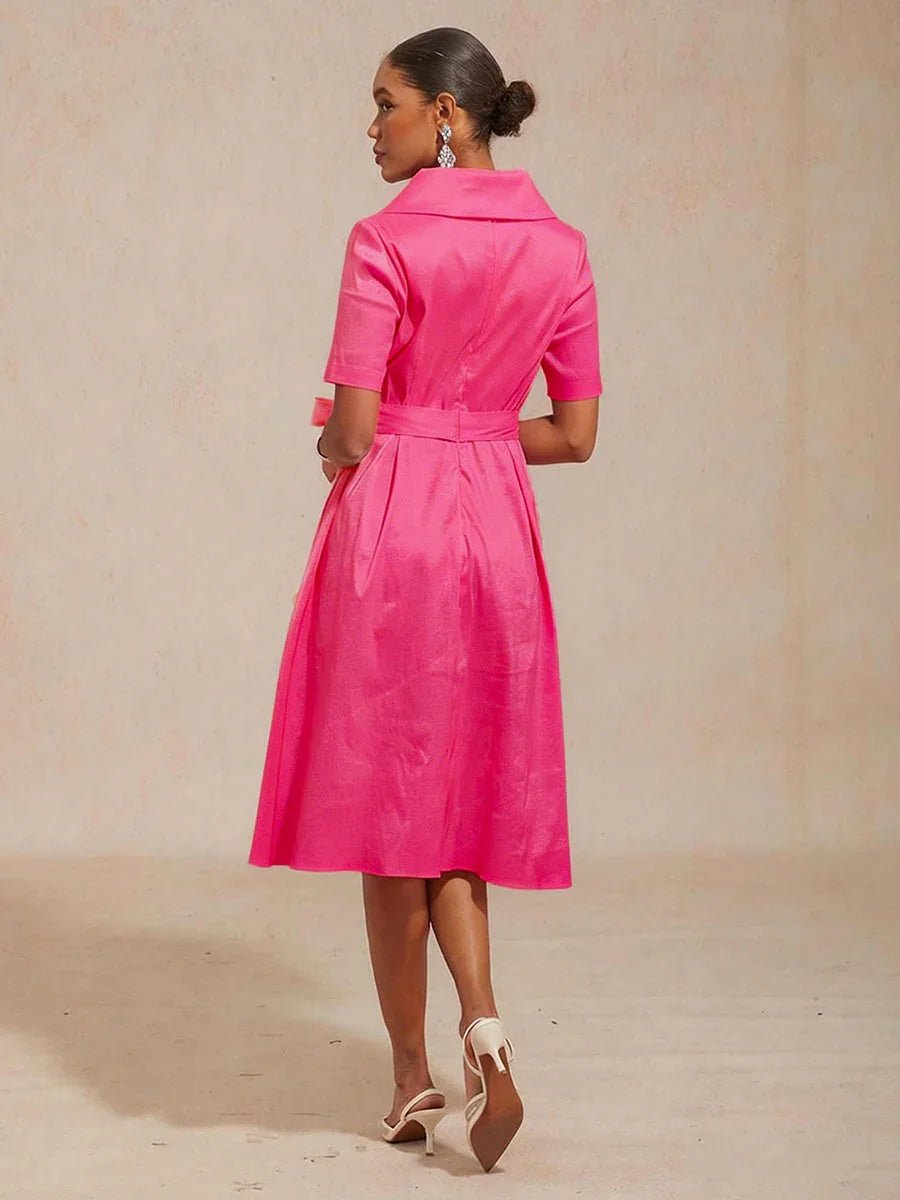 Vestido de tafetán elástico con cuello y cinturón para anudar - Nhaura