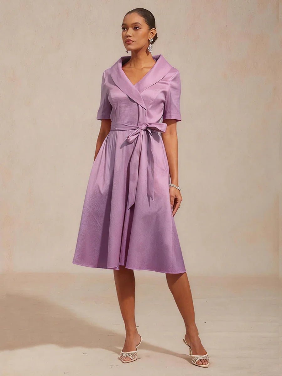 Vestido de tafetán elástico con cuello y cinturón para anudar - Nhaura