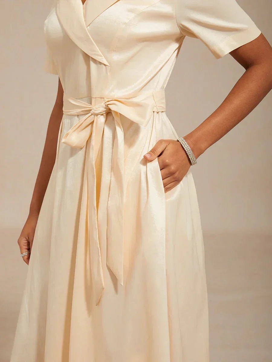 Vestido de tafetán elástico con cuello y cinturón para anudar - Nhaura