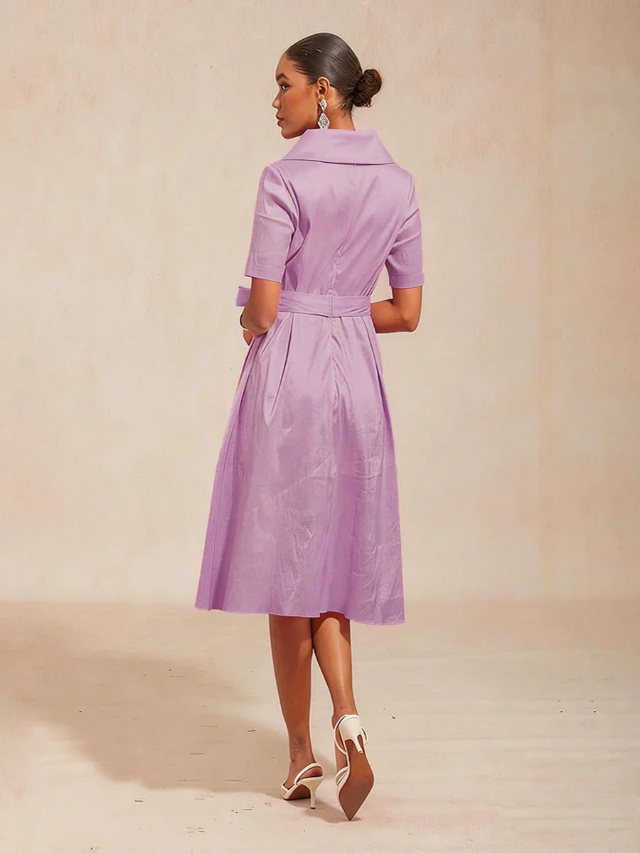 Vestido de tafetán elástico con cuello y cinturón para anudar - Nhaura