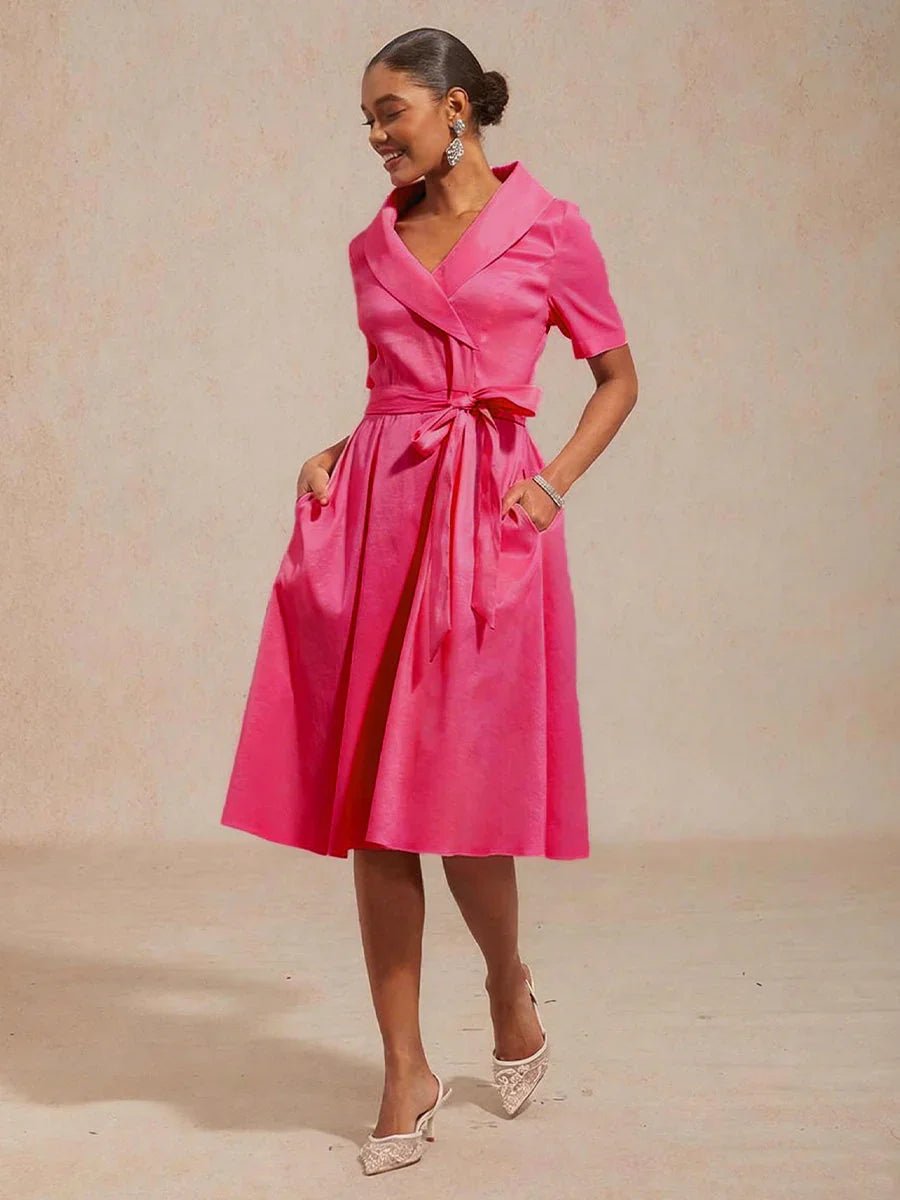 Vestido de tafetán elástico con cuello y cinturón para anudar - Nhaura