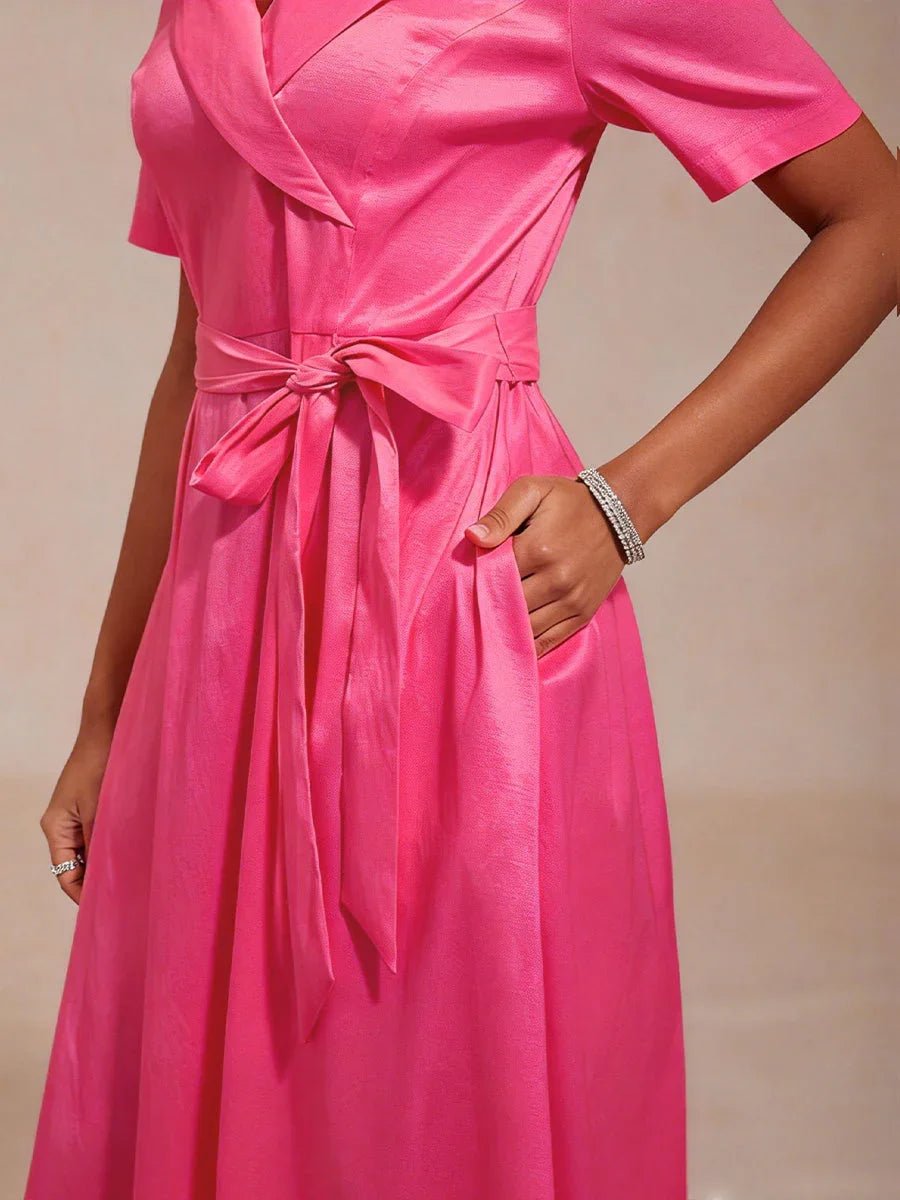 Vestido de tafetán elástico con cuello y cinturón para anudar - Nhaura