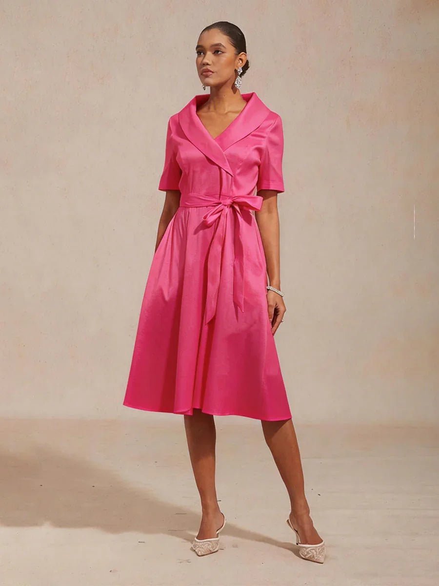 Vestido de tafetán elástico con cuello y cinturón para anudar - Nhaura