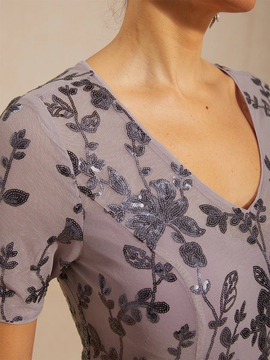 Vestido de tul elástico floral con lentejuelas y manga corta - Nhaura