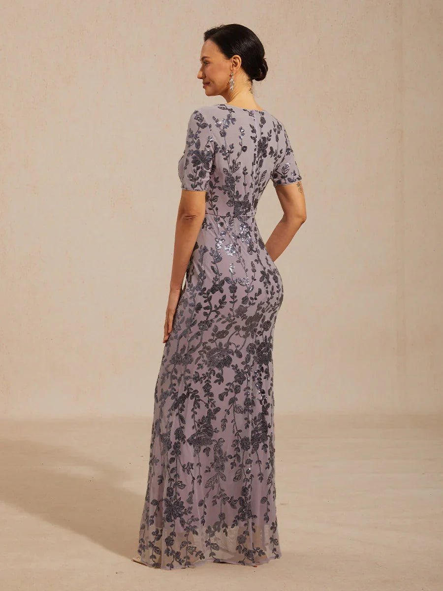 Vestido de tul elástico floral con lentejuelas y manga corta - Nhaura