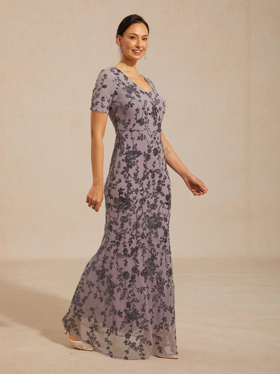 Vestido de tul elástico floral con lentejuelas y manga corta - Nhaura