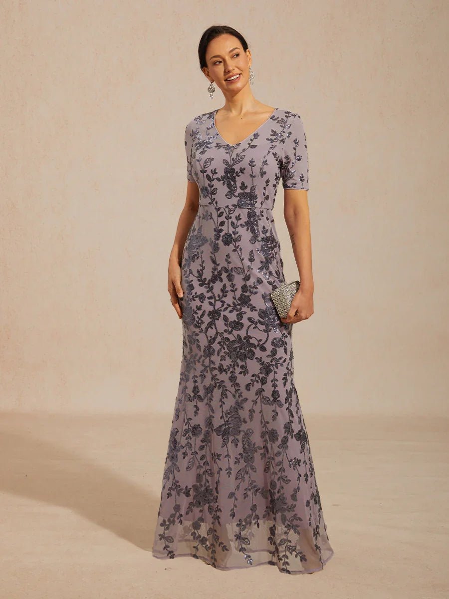 Vestido de tul elástico floral con lentejuelas y manga corta - Nhaura