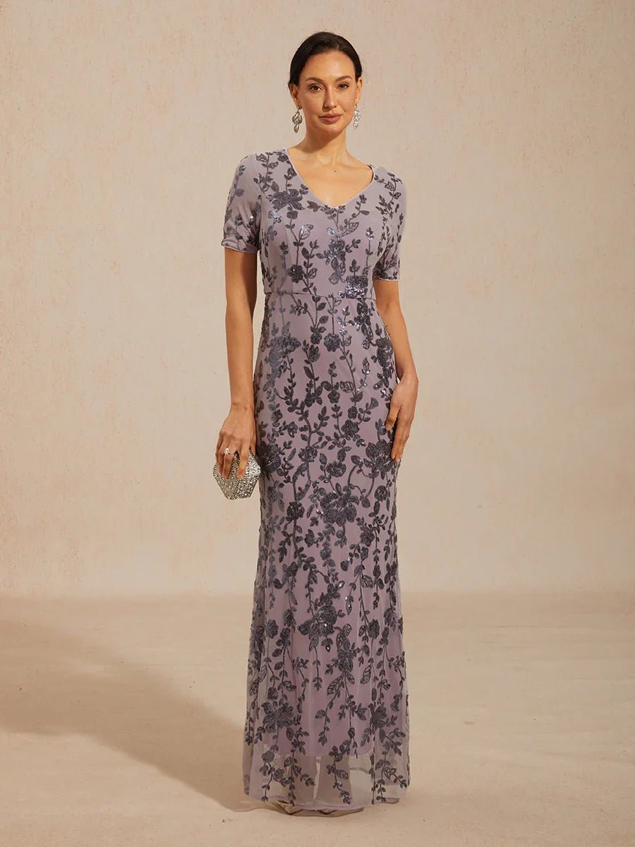 Vestido de tul elástico floral con lentejuelas y manga corta - Nhaura