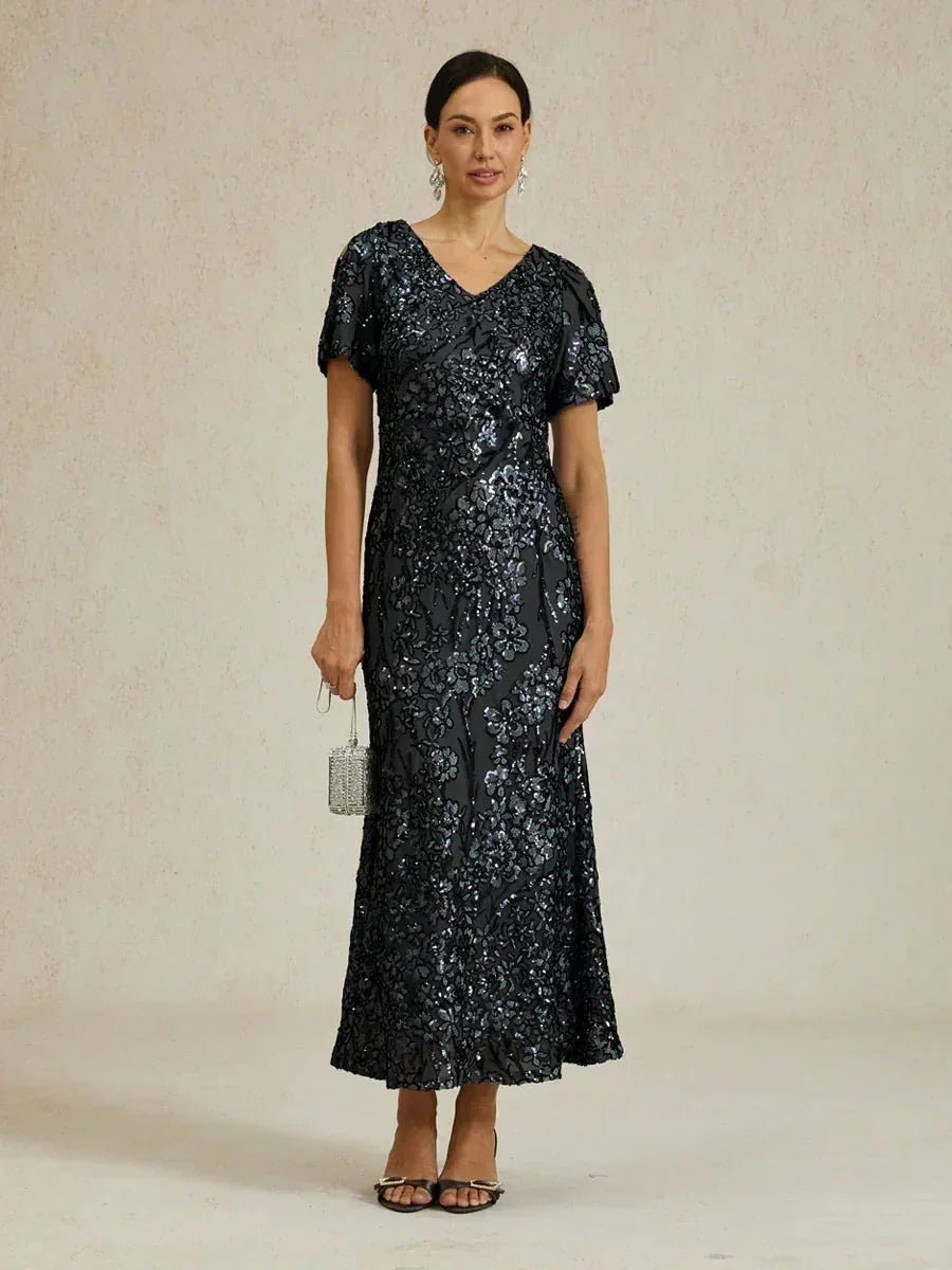 Vestido elegante de lentejuelas con escote en V y hombros descubiertos - Nhaura
