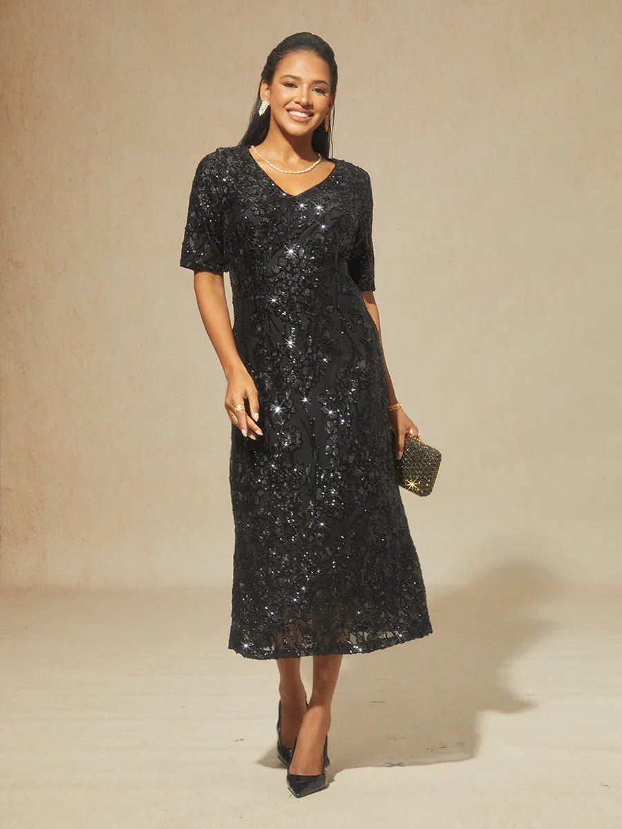 Vestido elegante de lentejuelas con escote en V y hombros descubiertos - Nhaura