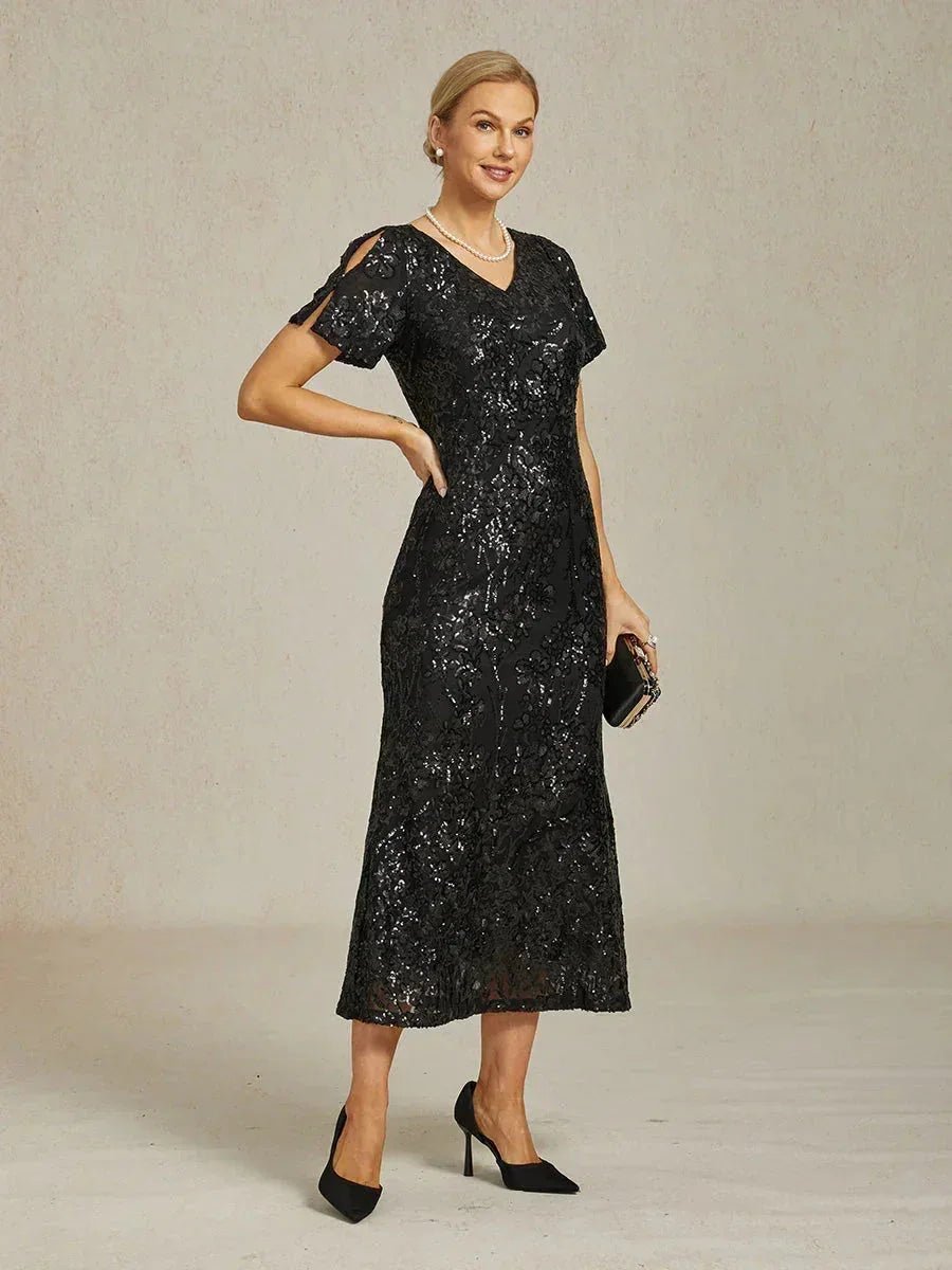 Vestido elegante de lentejuelas con escote en V y hombros descubiertos - Nhaura