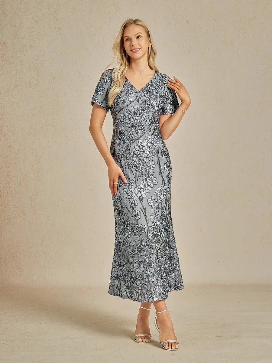 Vestido elegante de lentejuelas con escote en V y hombros descubiertos - Nhaura