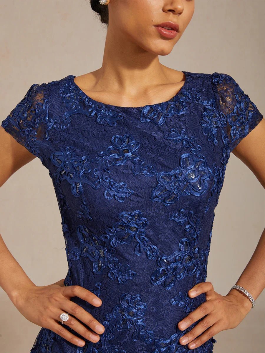 Vestido evasé de encaje rosetón con cuello barco - Nhaura