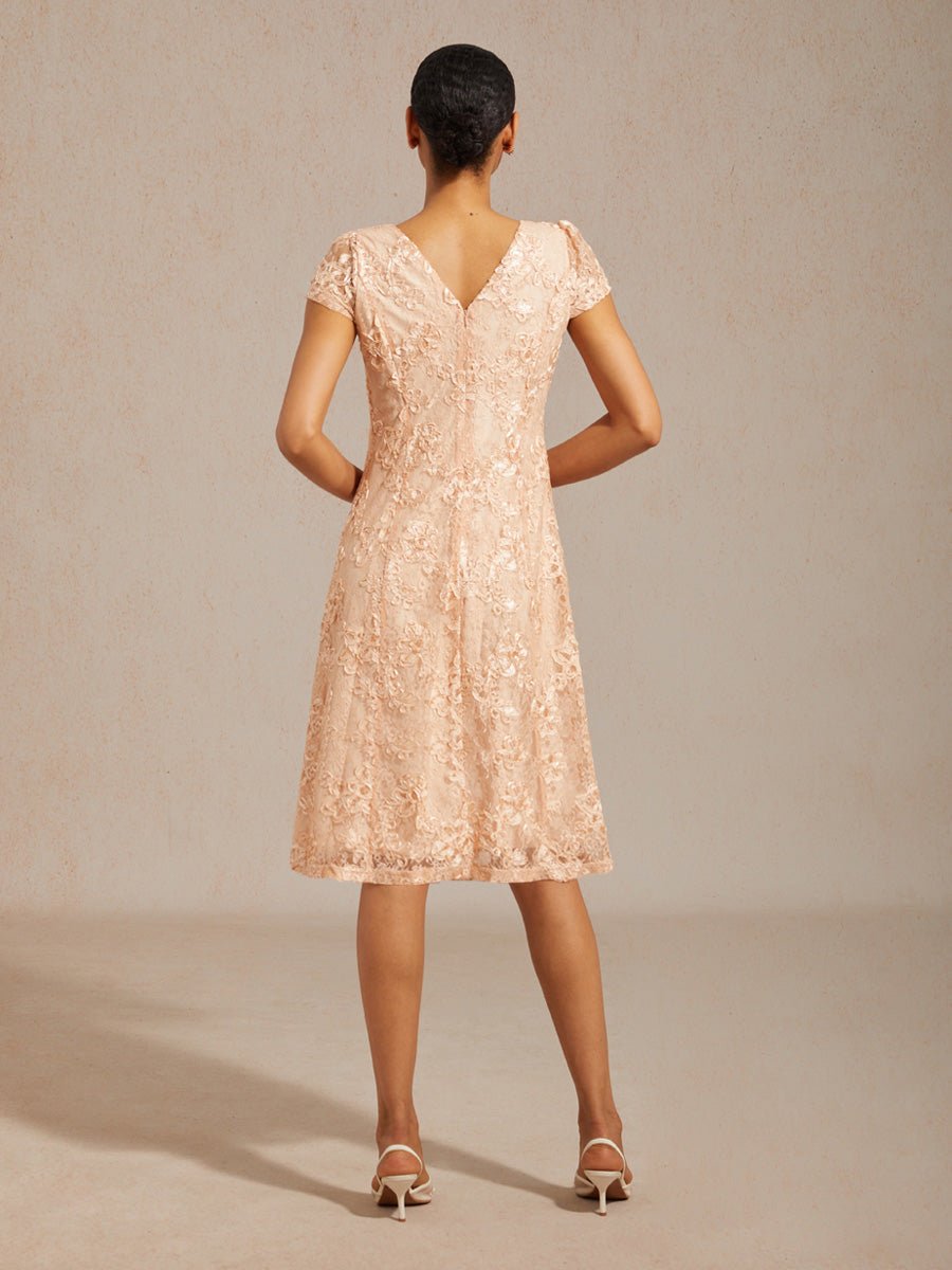 Vestido evasé de encaje rosetón con cuello barco - Nhaura