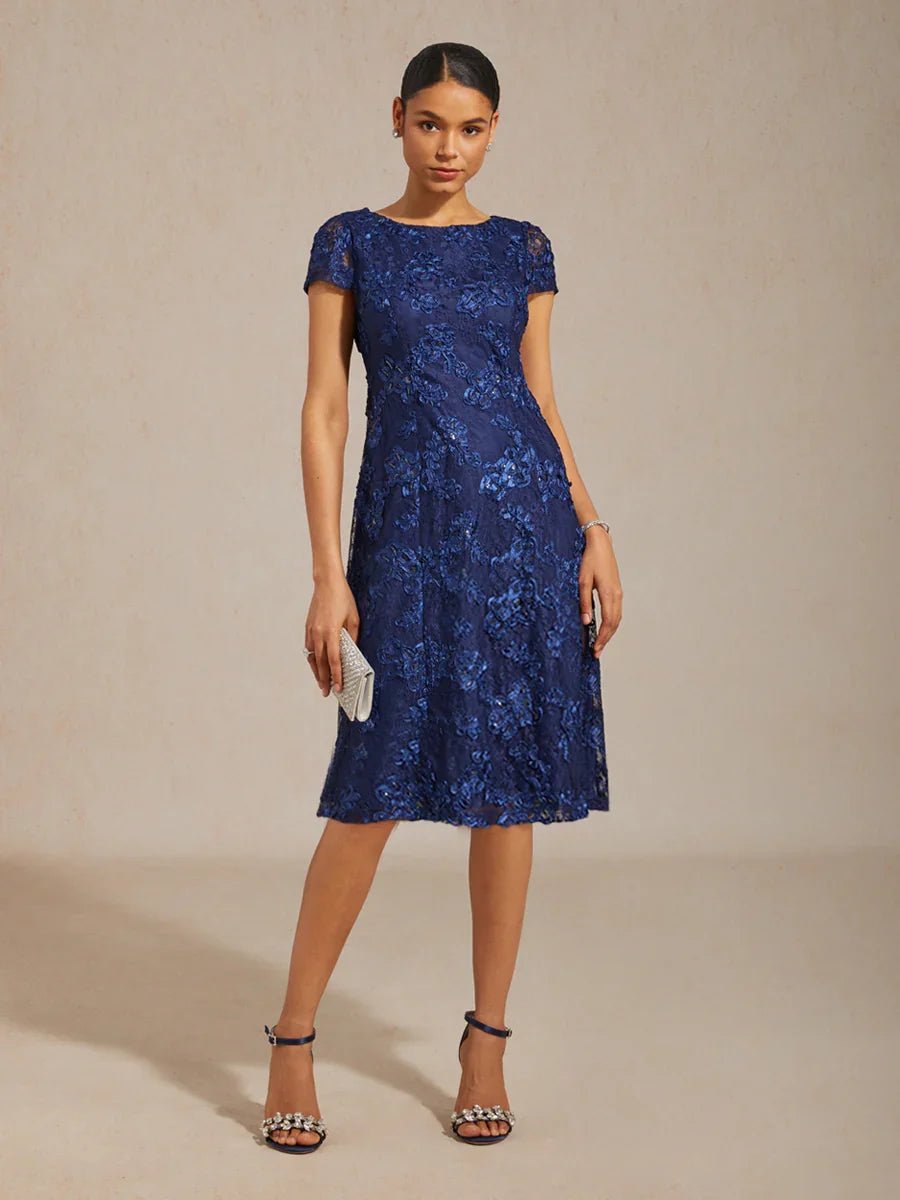 Vestido evasé de encaje rosetón con cuello barco - Nhaura