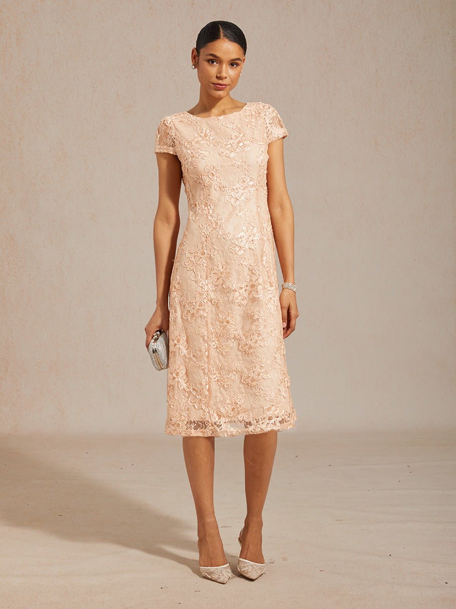 Vestido evasé de encaje rosetón con cuello barco - Nhaura