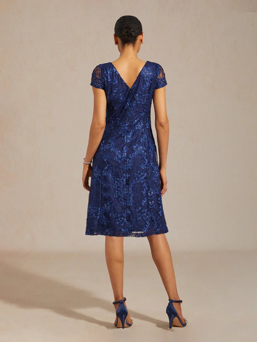 Vestido evasé de encaje rosetón con cuello barco - Nhaura