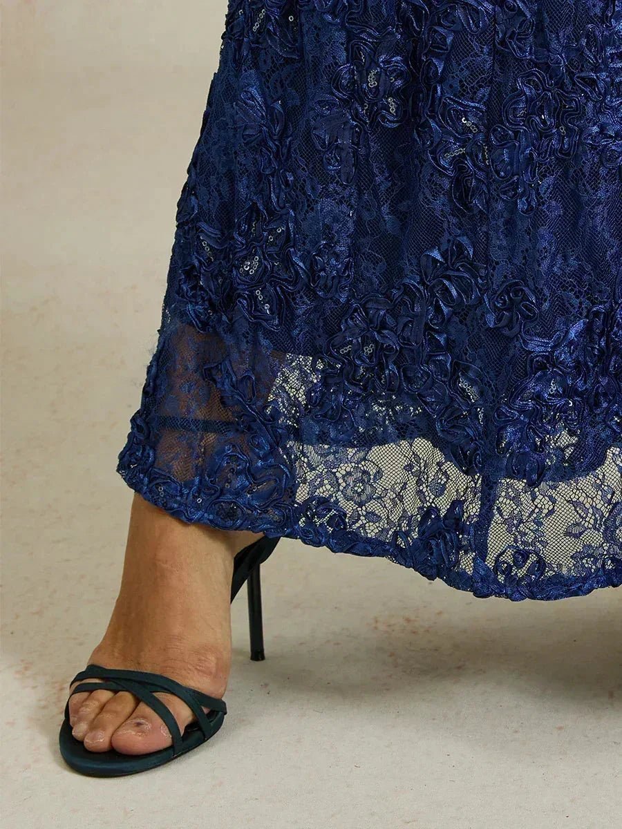 Vestido evasé de encaje rosetón con detalles de lentejuelas - Nhaura