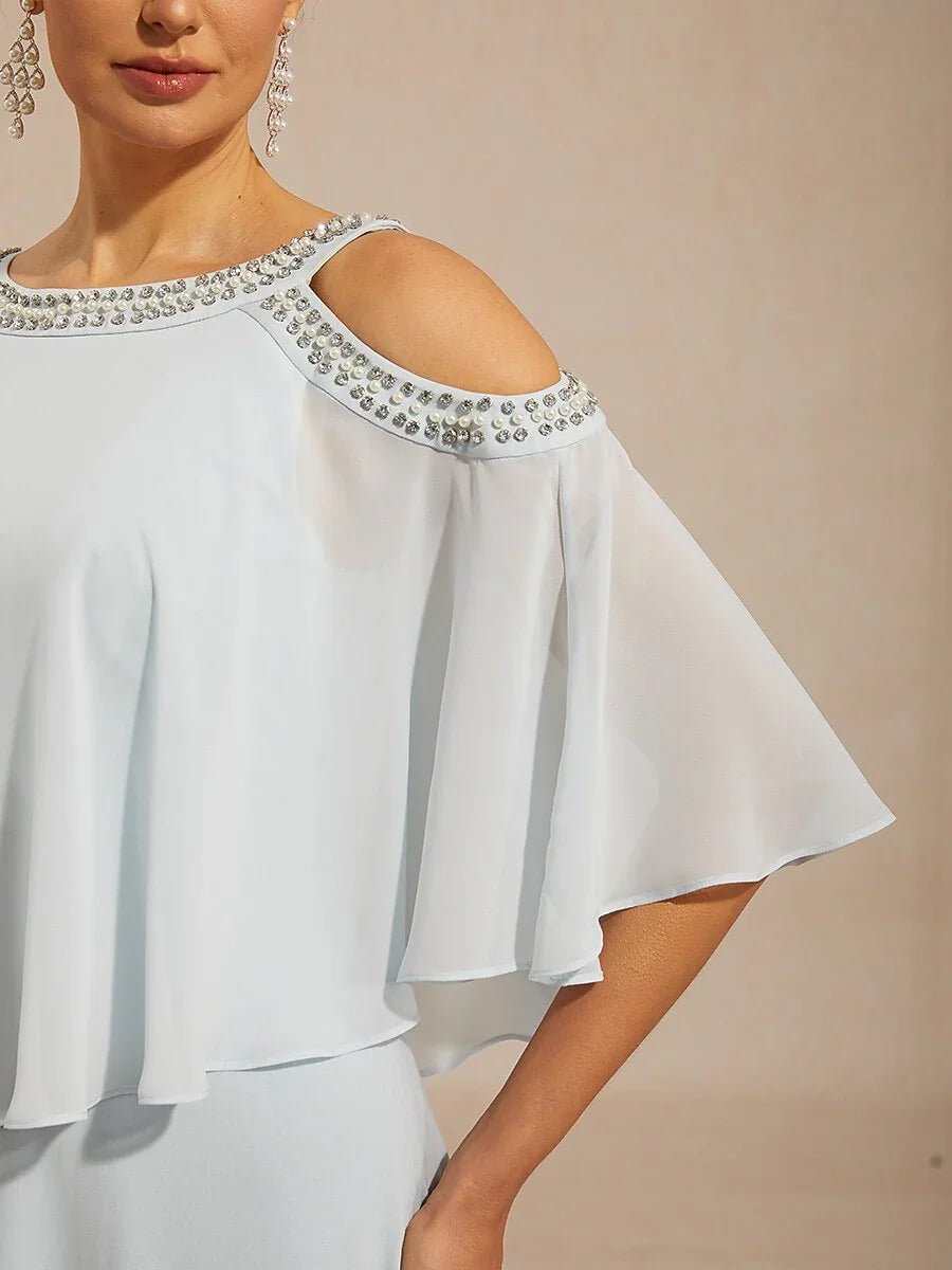 Vestido evasé de gasa con hombros descubiertos y strass - Nhaura